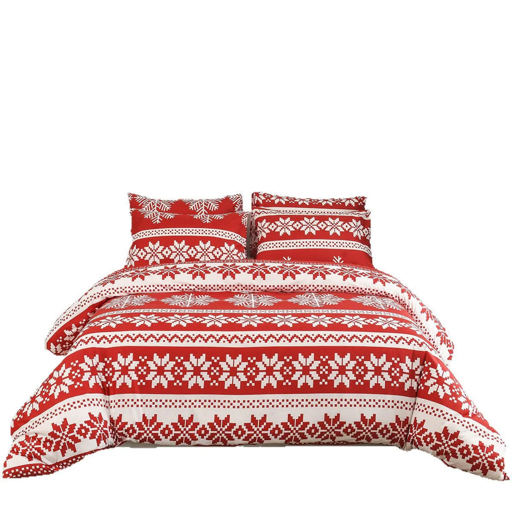 Winter Sleepers red Christmas Love Song pattern bedding three-piece set on a bed