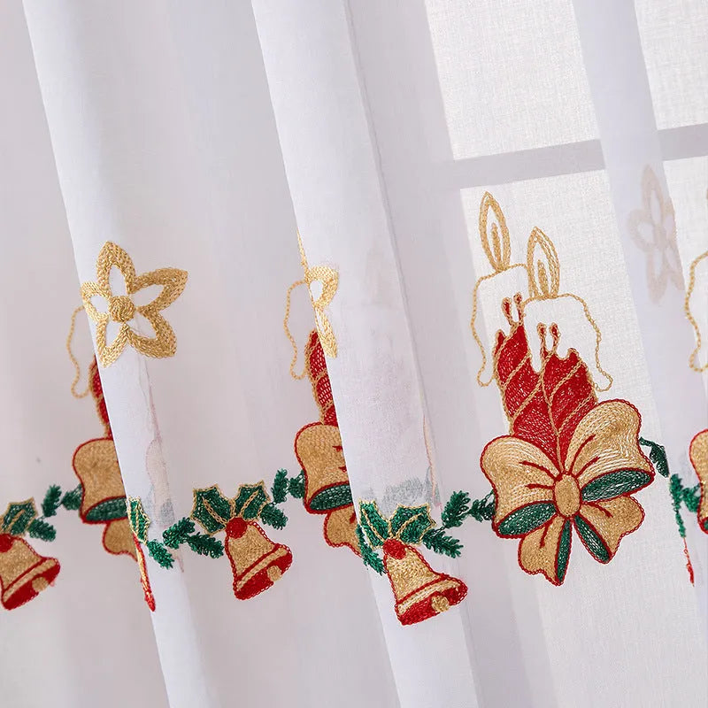 Pair of American-style Christmas curtains with embroidered snowflake pattern on polyester fabric