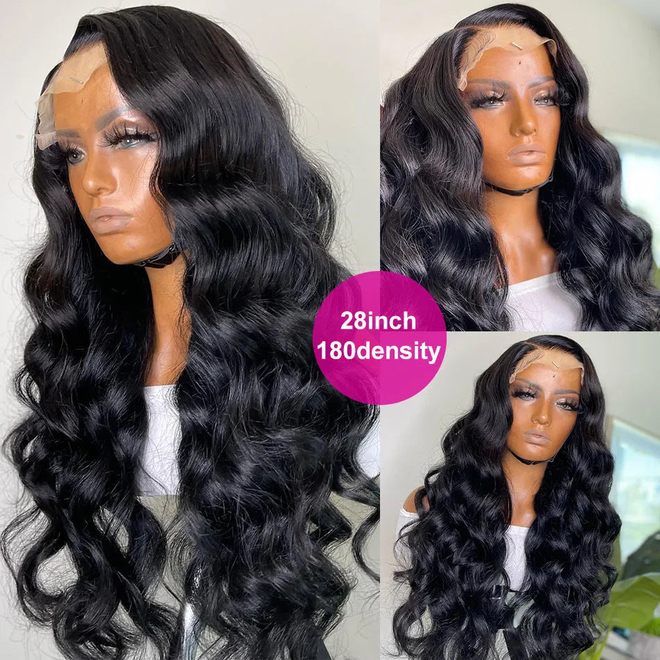 Black synthetic long curly wig with front lace and side bangs on a stand.