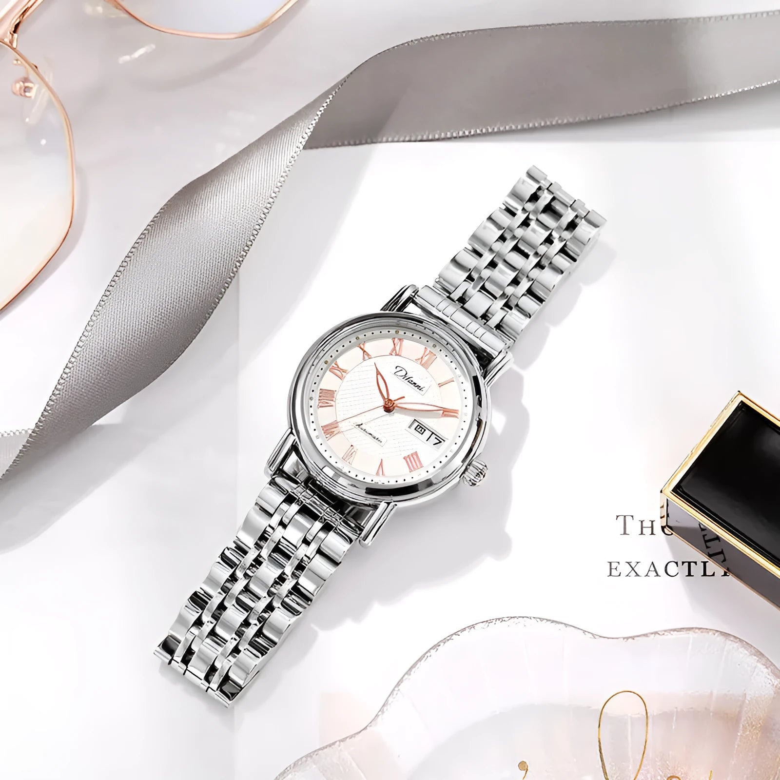 Fashion Trend automatic women's mechanical watch with steel bracelet or leather strap options