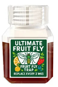 Bottle of fruit fly trapper bait liquid with optional funnel for kitchen pest control