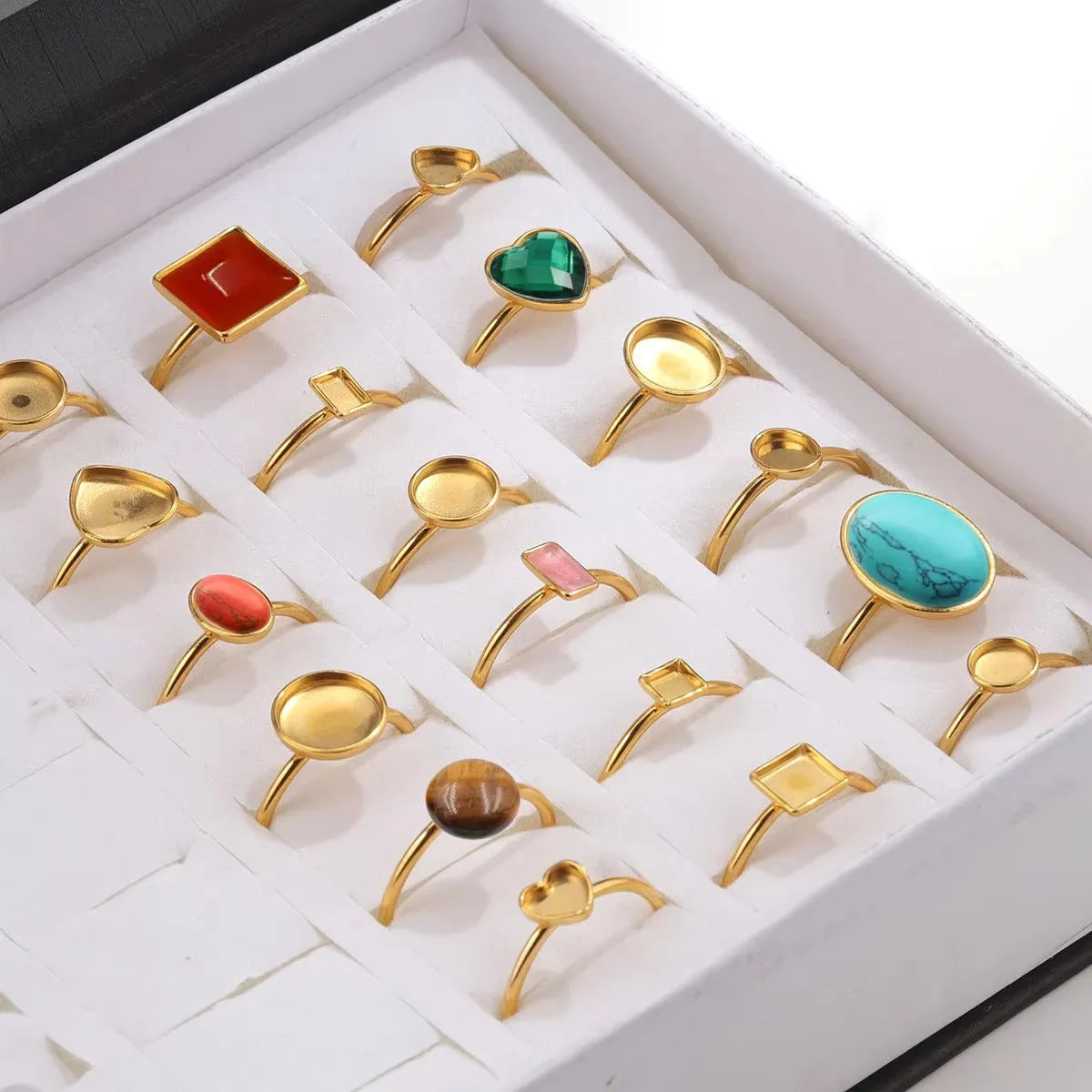 Golden electroplated stainless steel ring setting with multiple shape options for DIY jewellery making