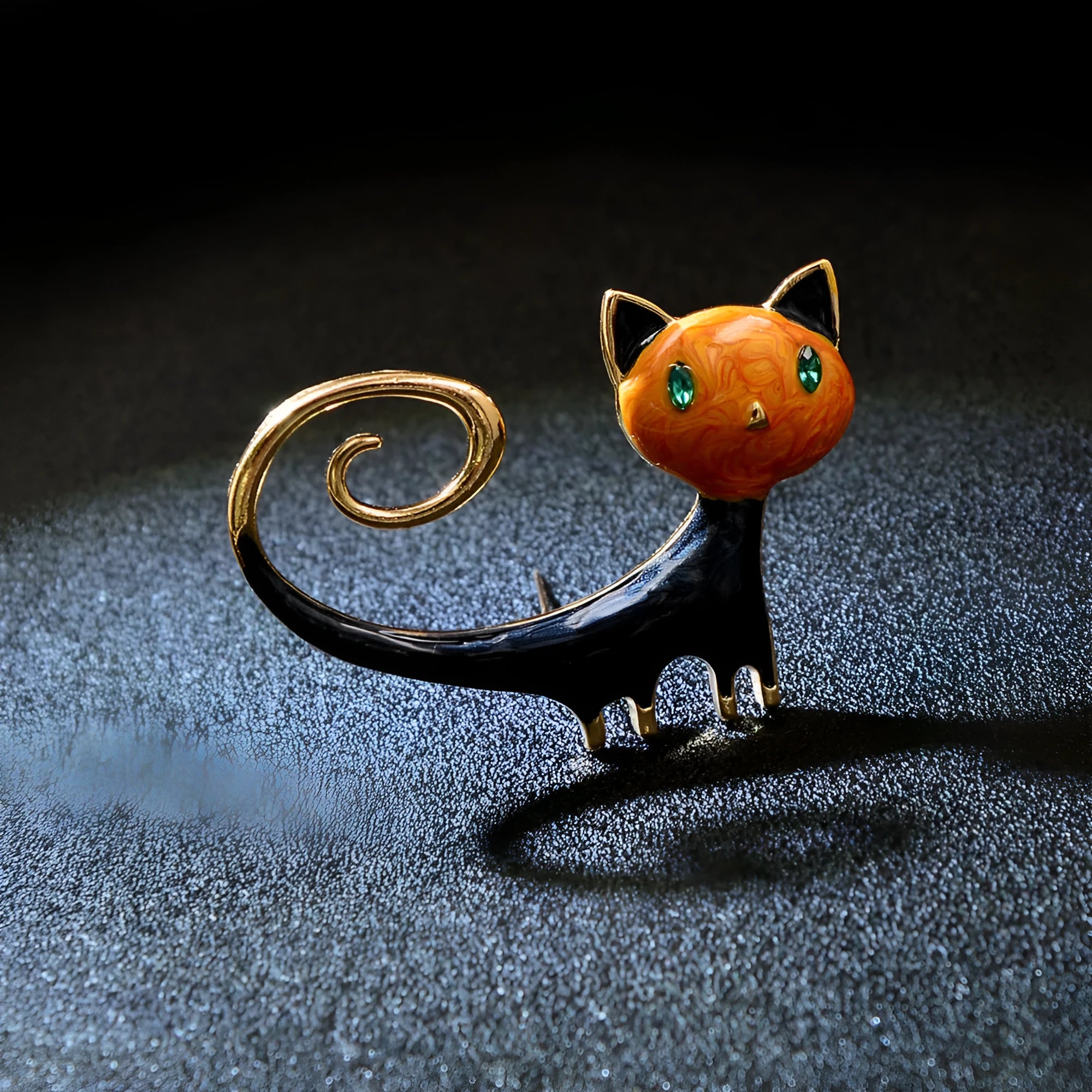 Personalised white and orange alloy cat brooch with painted tail detail.