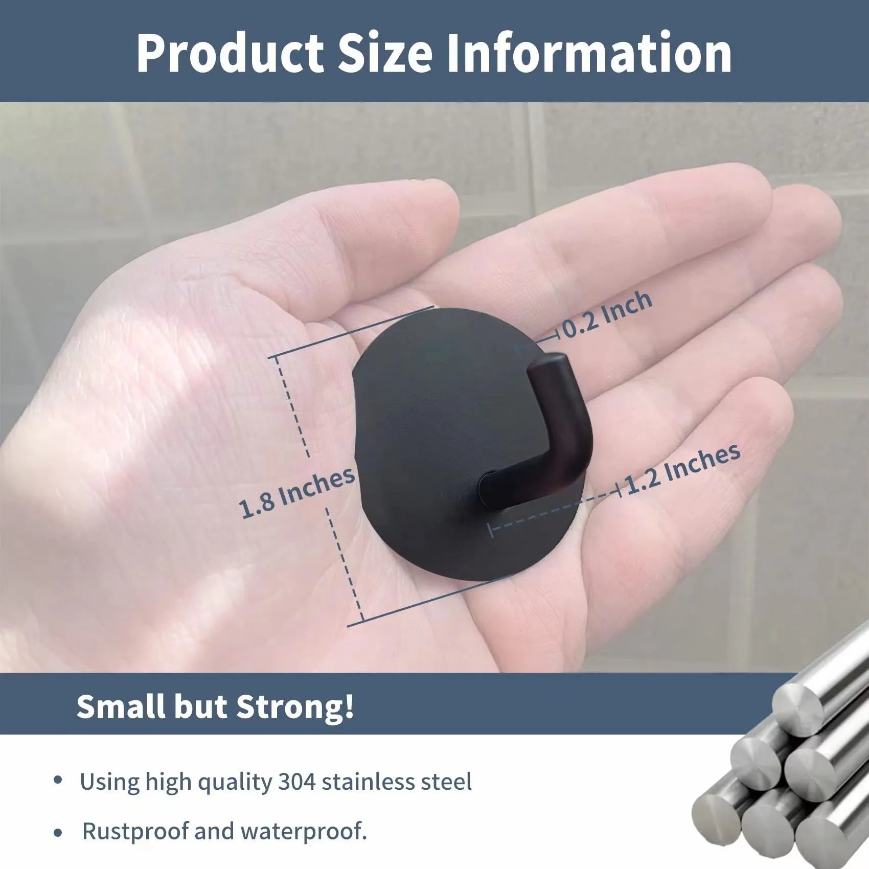 Self-adhesive stainless steel round hook in black and polished finishes for wall mounting.