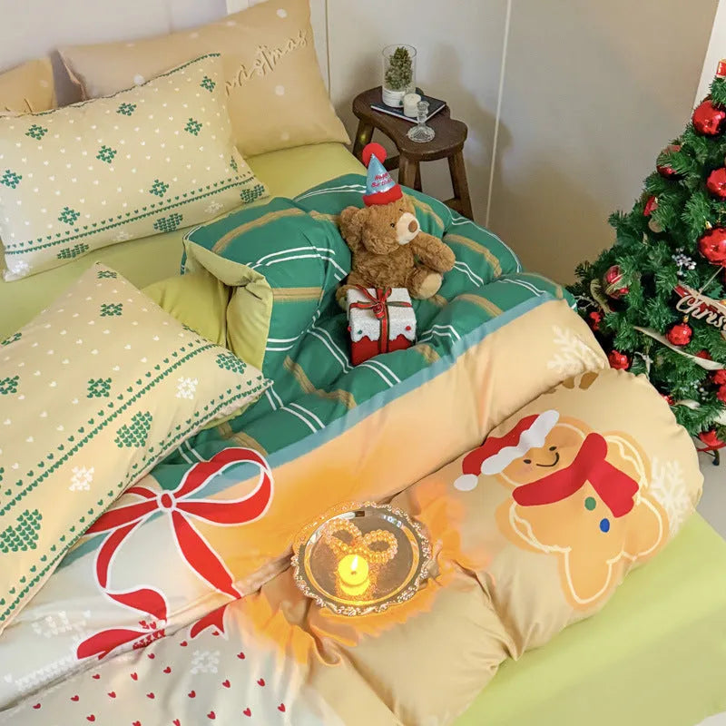 Christmas bedding set four-piece with printed cartoon design on washed cotton material