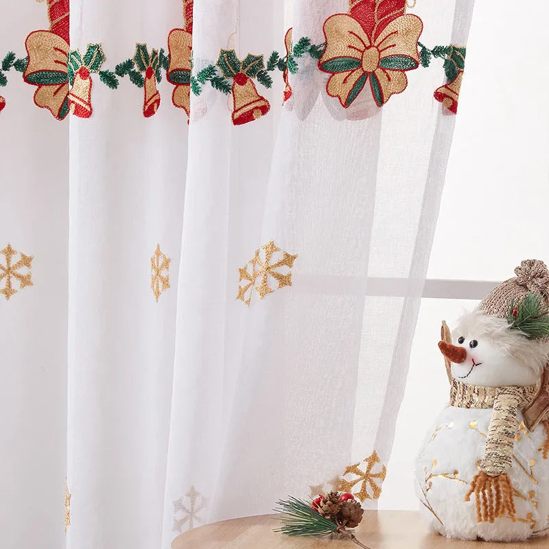 Pair of American-style Christmas curtains with embroidered snowflake pattern on polyester fabric
