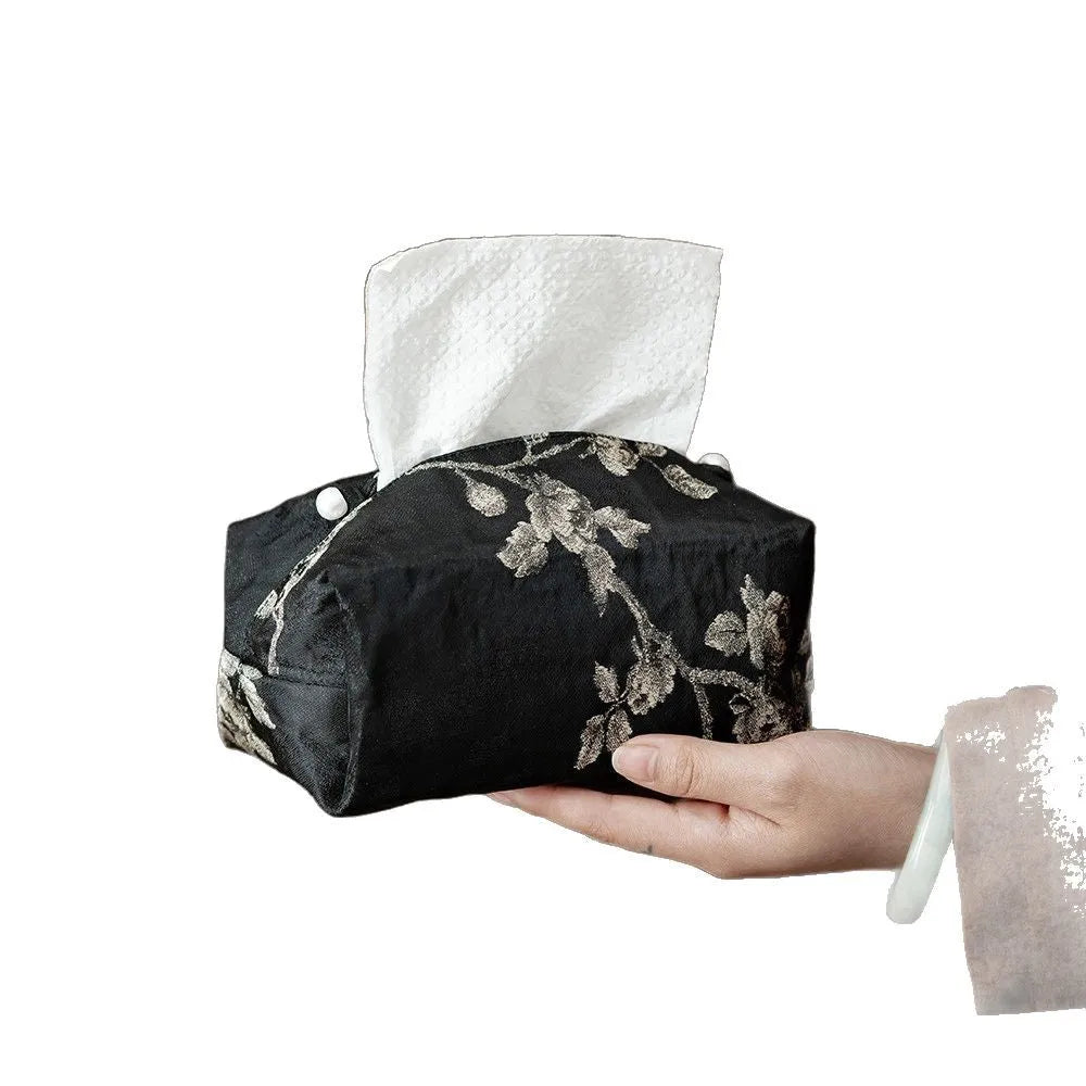 New Chinese brocade fabric tissue box with white plum embroidery, showing pearl buckle variant.