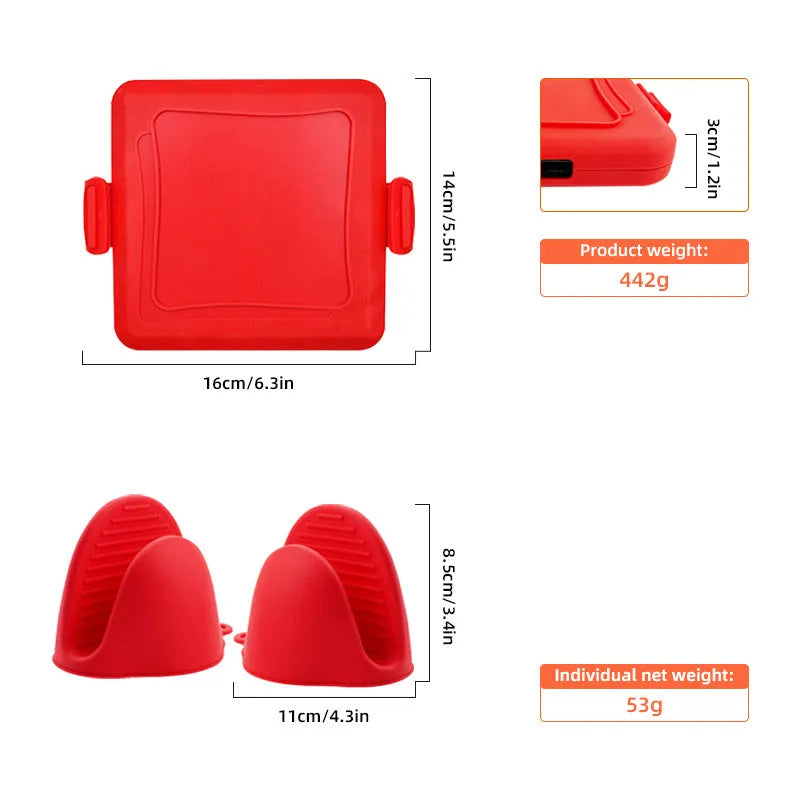 Red silicone baking tray with matching silicone gloves for oven safety