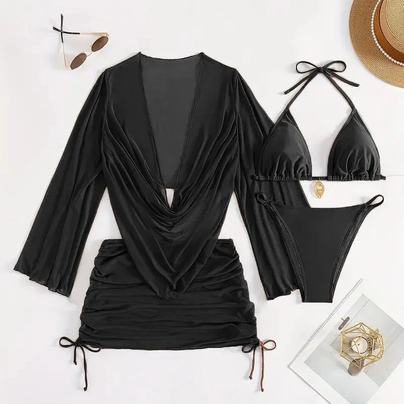Women's dark brown backless bikini suit with lace-up detail and tight solid color design