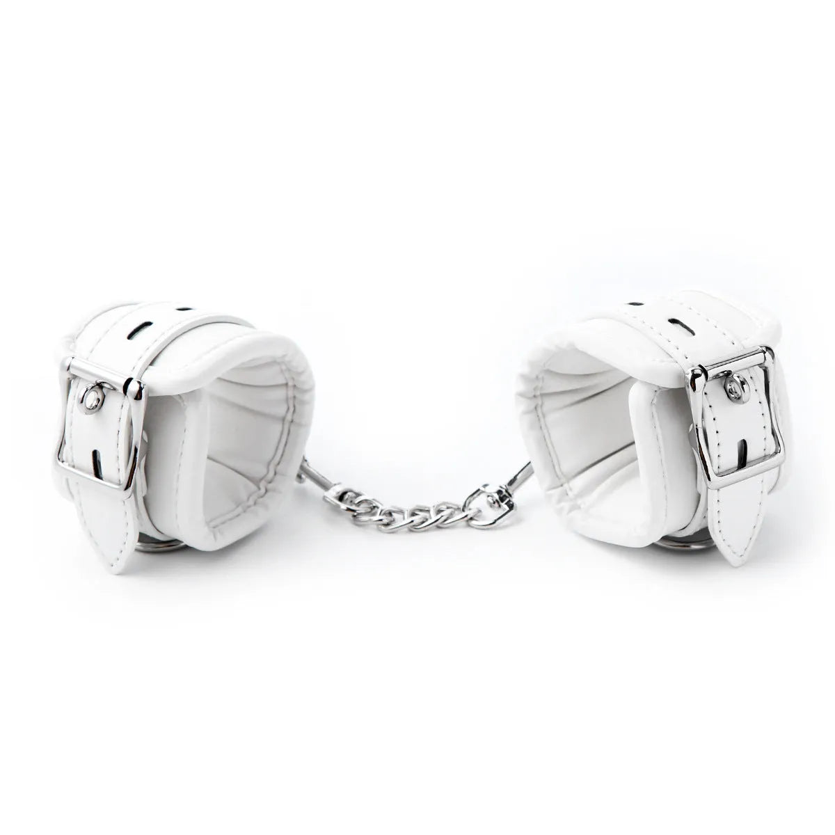 White PU sponge bondage set showing handcuffs, ankle cuffs, and a neck scarf.