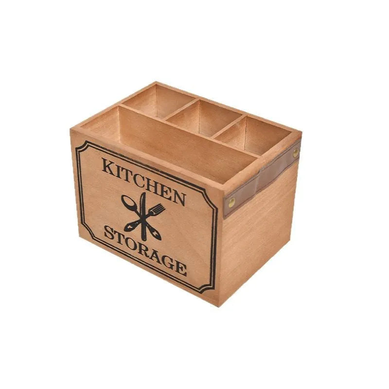 Wooden kitchen storage box for cutlery and chopsticks with internal divider grid