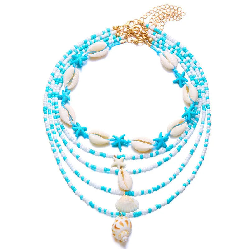 Women's blue and multi-colour starfish shell necklace 5-piece set with adjustable chain