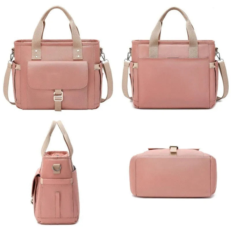 Pink insulated Oxford cloth hiking belt bag with removable shoulder strap and side pocket.