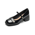 Women's chunky heel ankle strap pumps with buckle fastening in patent leather, square toe design