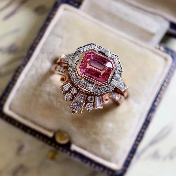 Rose gold women's ring with geometric ruby design in European American retro style