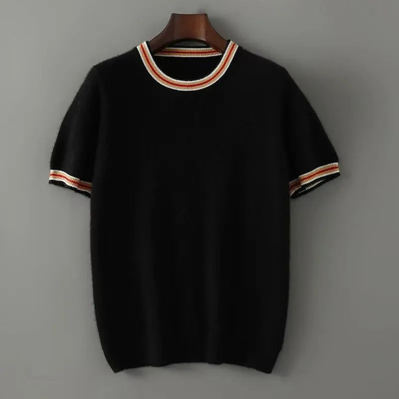 Men's grey round neck short sleeve wool pullover sweater laid flat.