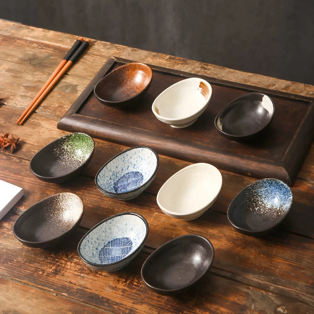 Oval ceramic dipping bowl with Japanese glaze pattern, suitable for microwave use