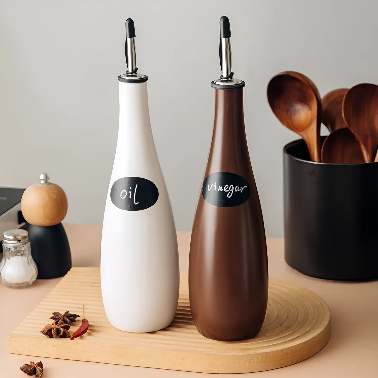 Ceramic oil pot with funnel shape in black, coffee, or white colour for kitchen storage
