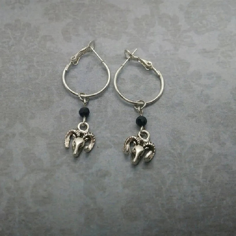 Silver round ring dangle earrings with Tibetan antelope design for women