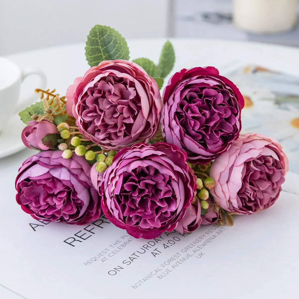 Silk artificial peony bouquet with 45cm stems in champagne colour for home decor and weddings