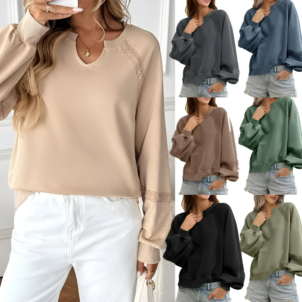 Women's half-open collar loose long sleeve sweater with stitching lace detailing in solid colour