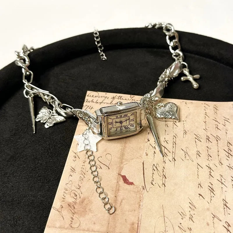 Dark multi-layer cross necklace for women with adjustable length and large hemp flower chain