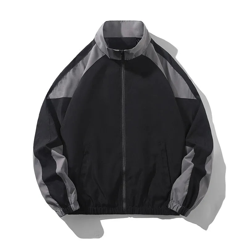 Men's loose fit casual jacket with contrast stitching and side pockets in black or dark blue.