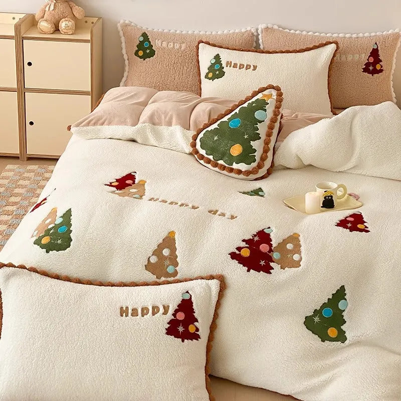 Bright yellow four-piece bedding set with cartoon Christmas tree pattern, fleece-lined for winter warmth