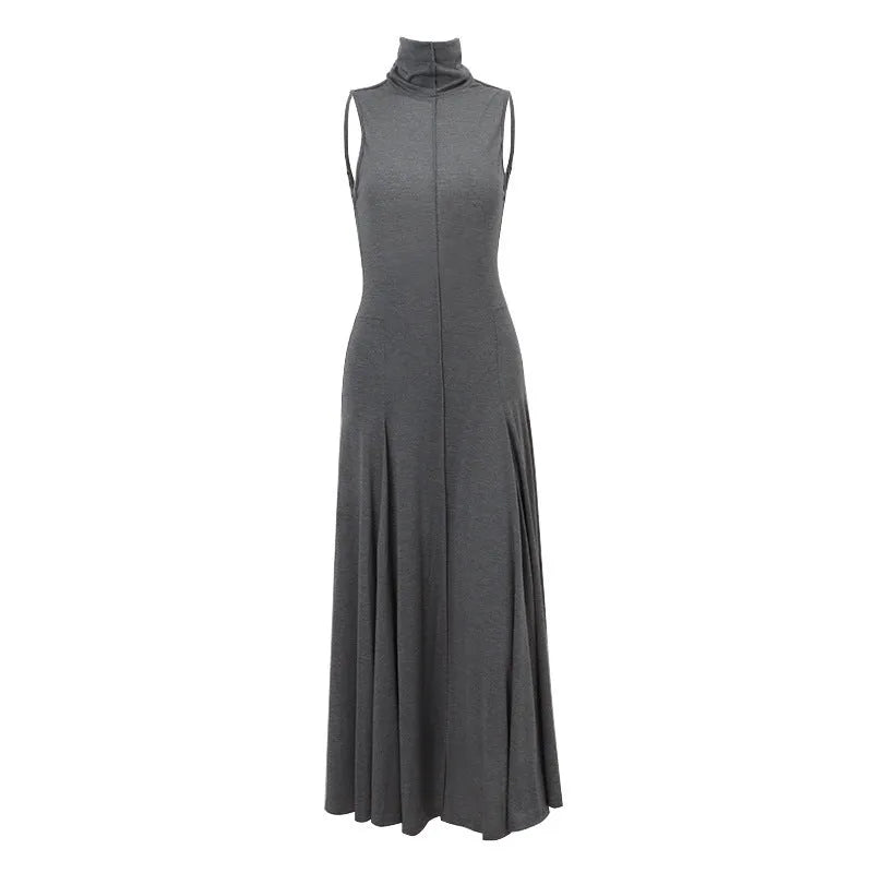 Women's grey cotton backless dress with half turtleneck neckline and high waist