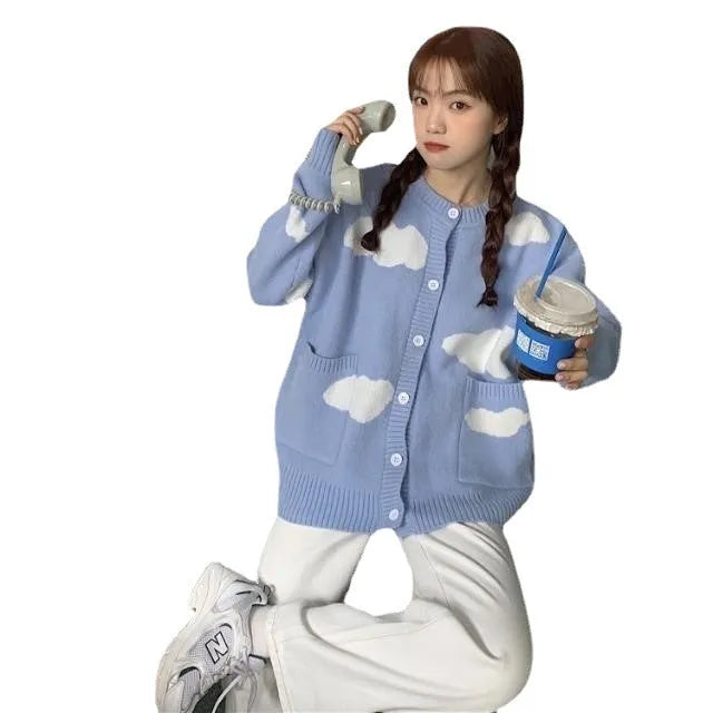Blue cloud pattern loose spandex cardigan for women, shown as a pullover with long sleeves.