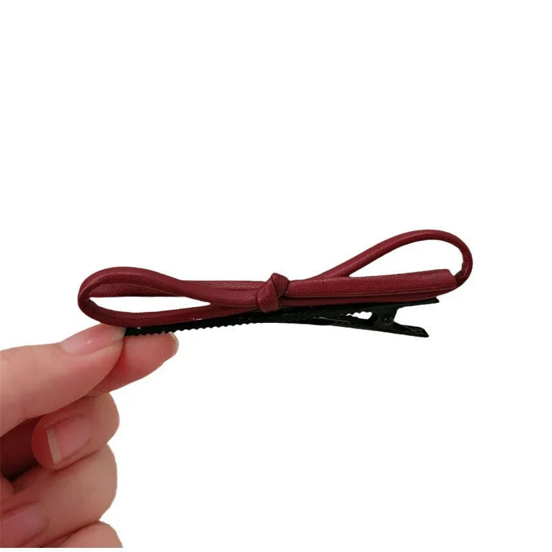 Wine red leather bow barrette hair clip for women with manual processing