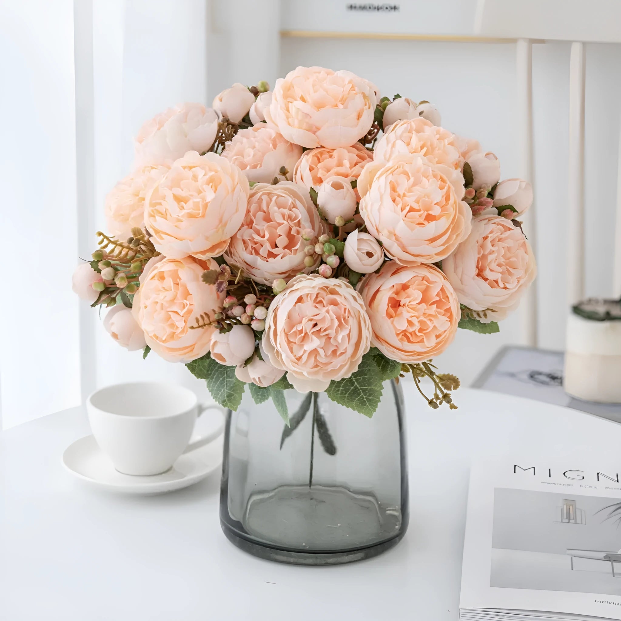 Silk artificial peony bouquet with 45cm stems in champagne colour for home decor and weddings