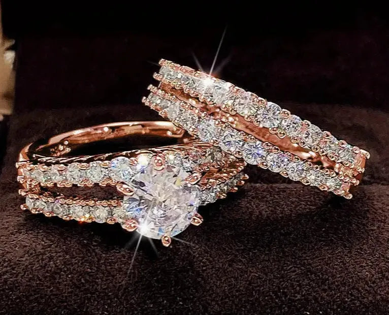 2 in 1 fully jewelled female ring set in geometric shape with diamond treatment, available in silver, gold, or rose gold.