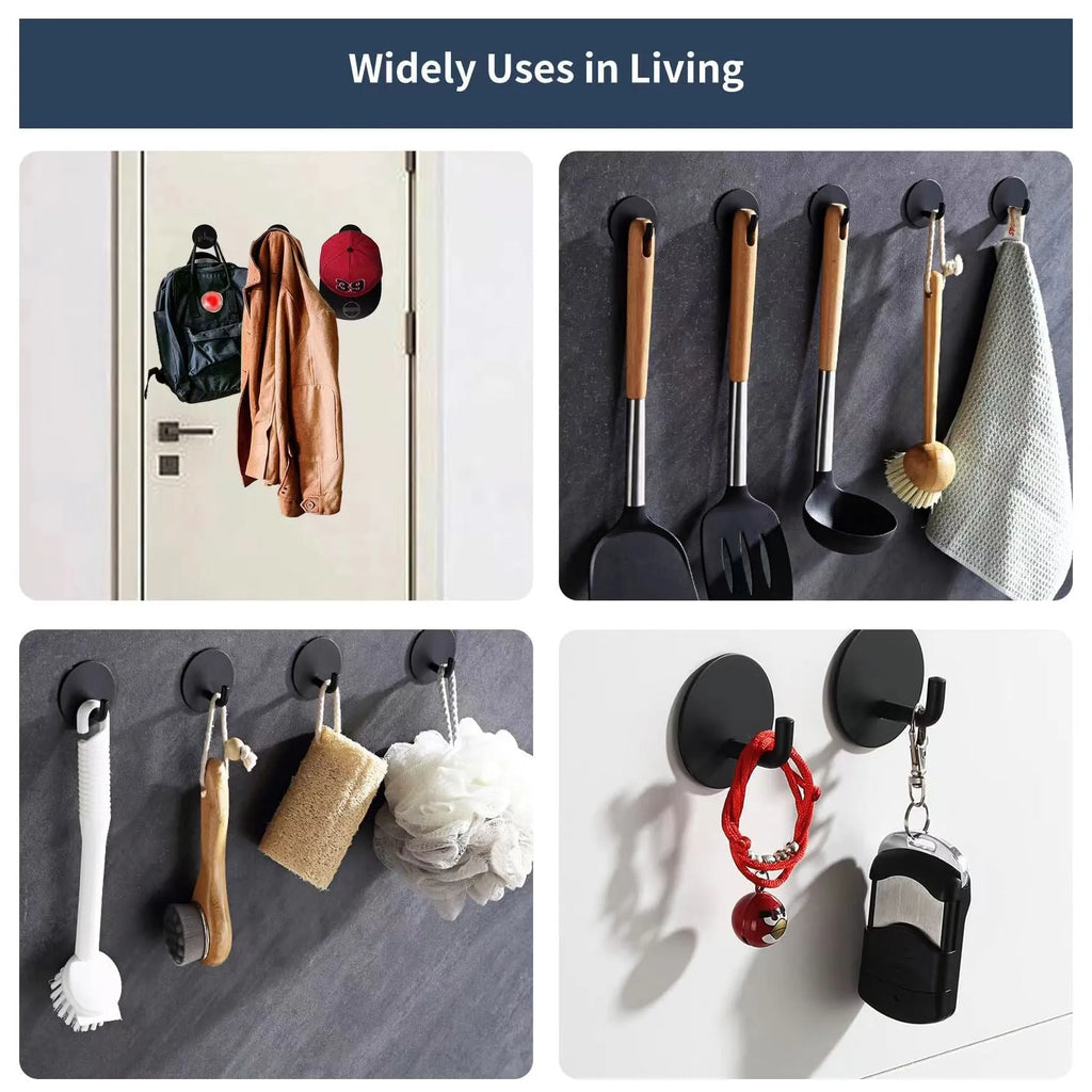Self-adhesive stainless steel round hook in black and polished finishes for wall mounting.