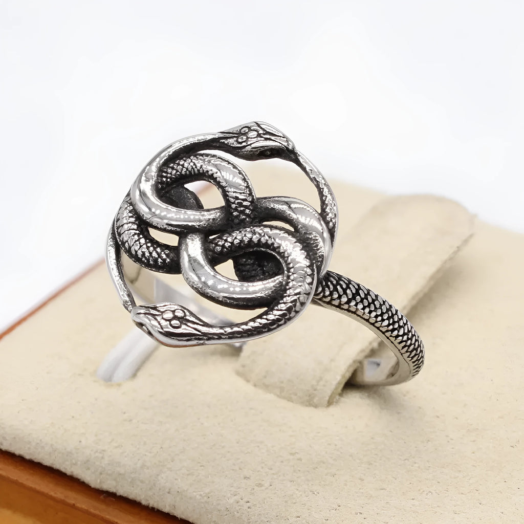 Retro double snake ring in steel colour made from titanium steel available in sizes 6 to 13