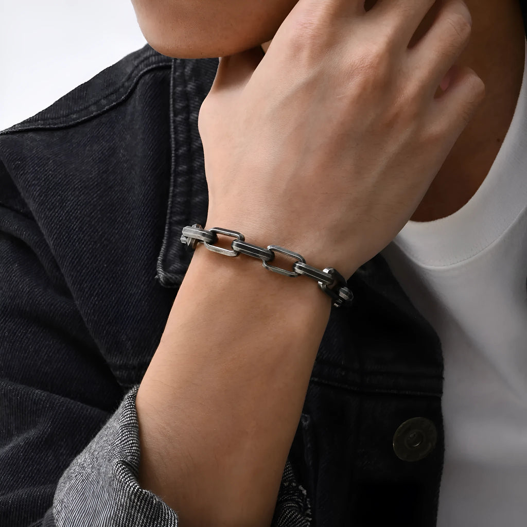 Men's stainless steel square chain bracelet in gold, black, steel, and retro colour finishes.