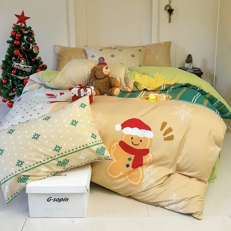 Christmas bedding set four-piece with printed cartoon design on washed cotton material