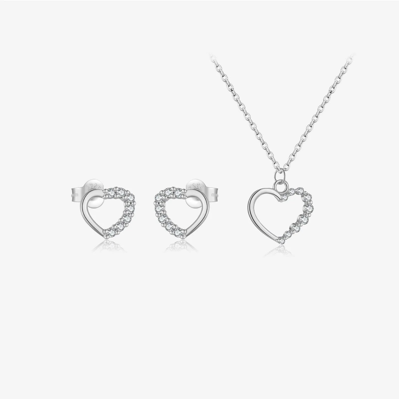 Sterling silver hollow heart pendant necklace on a regular chain, shown in a white gold colour finish.