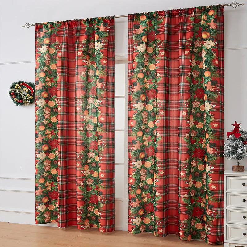 Rectangular printed polyester curtain with Christmas pattern offering semi-sunshade.