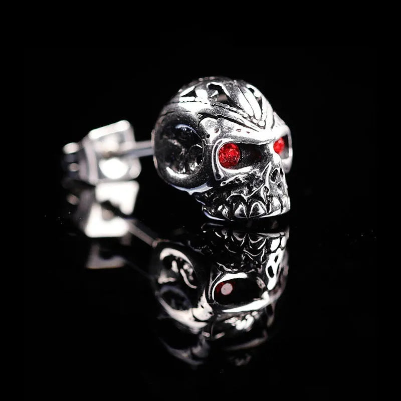 Retro-style skull stud earrings with red eye ghost head design in electroplated alloy metal