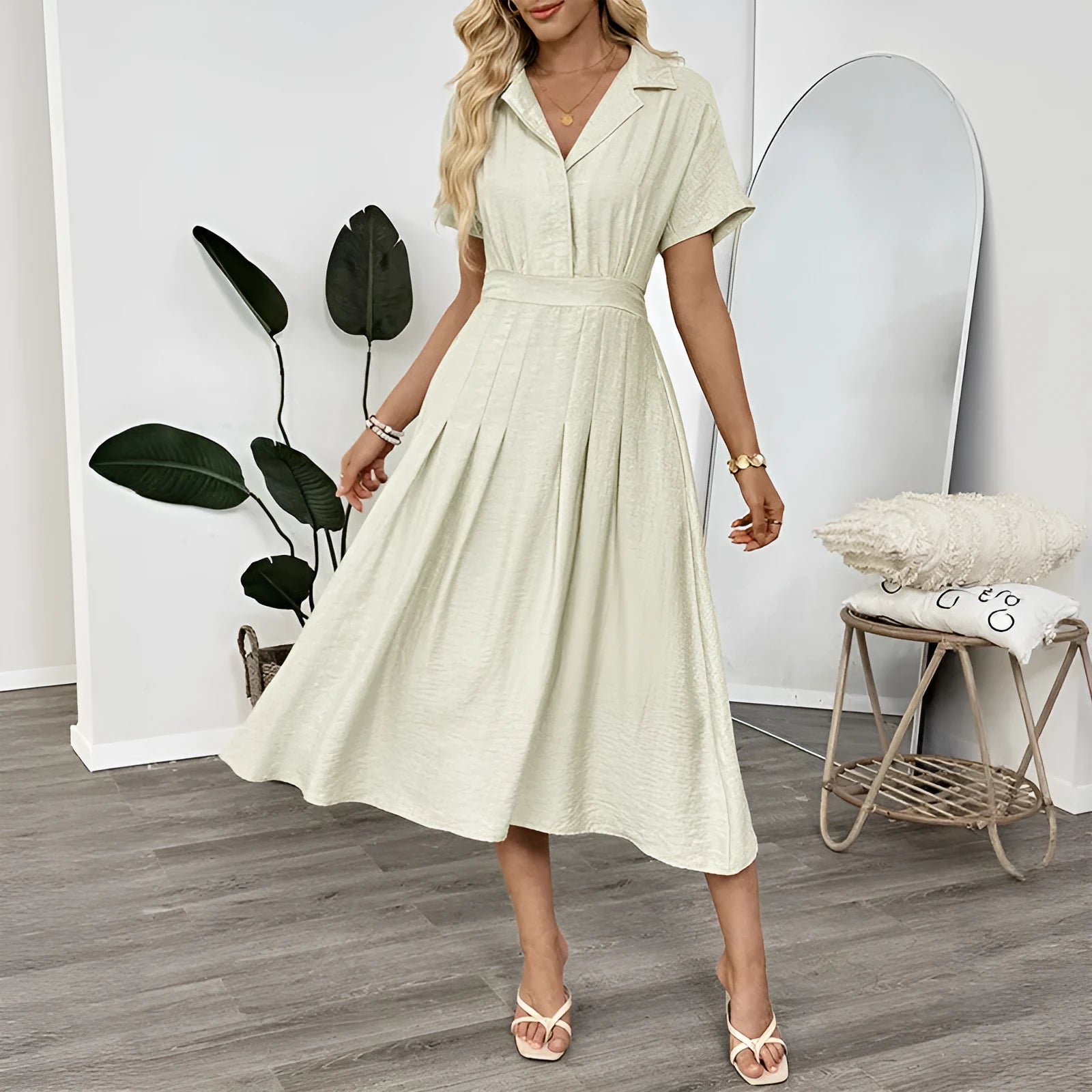 Light green women's twill shirt dress with lapel collar and waist-tight skirt design