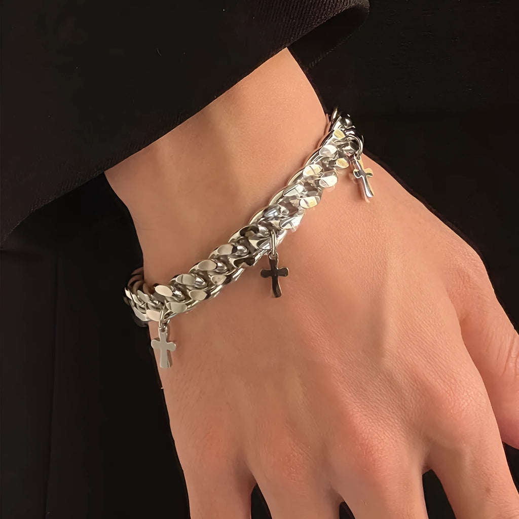 Titanium steel men's bracelet with geometric shape and cross design in cold wind style