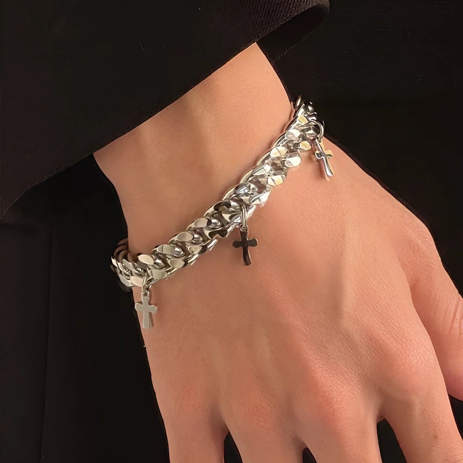 Titanium steel men's bracelet with geometric shape and cross design in cold wind style