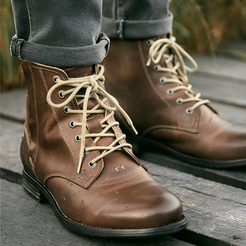 Knight Series men's black two-tone leather ankle boots with side zipper and low heel.