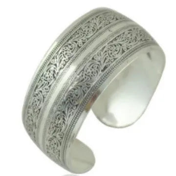Ethnic style carved open Miao silver bracelet with Roman design on alloy material