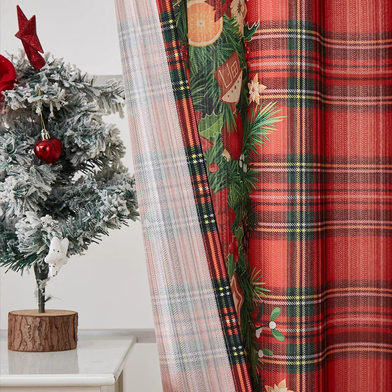Rectangular printed polyester curtain with Christmas pattern offering semi-sunshade.