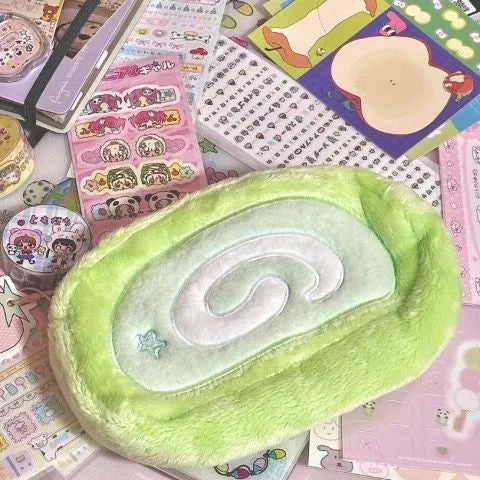 Swiss roll cake design pencil case with plush velvet exterior in Korean style stationery storage