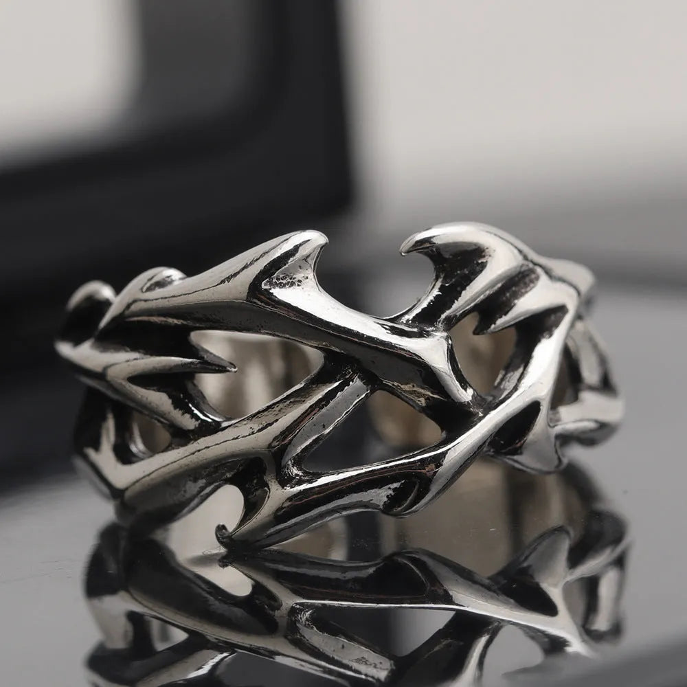 Copper adjustable flower ring with geometric thorn design in J2150 colour finish