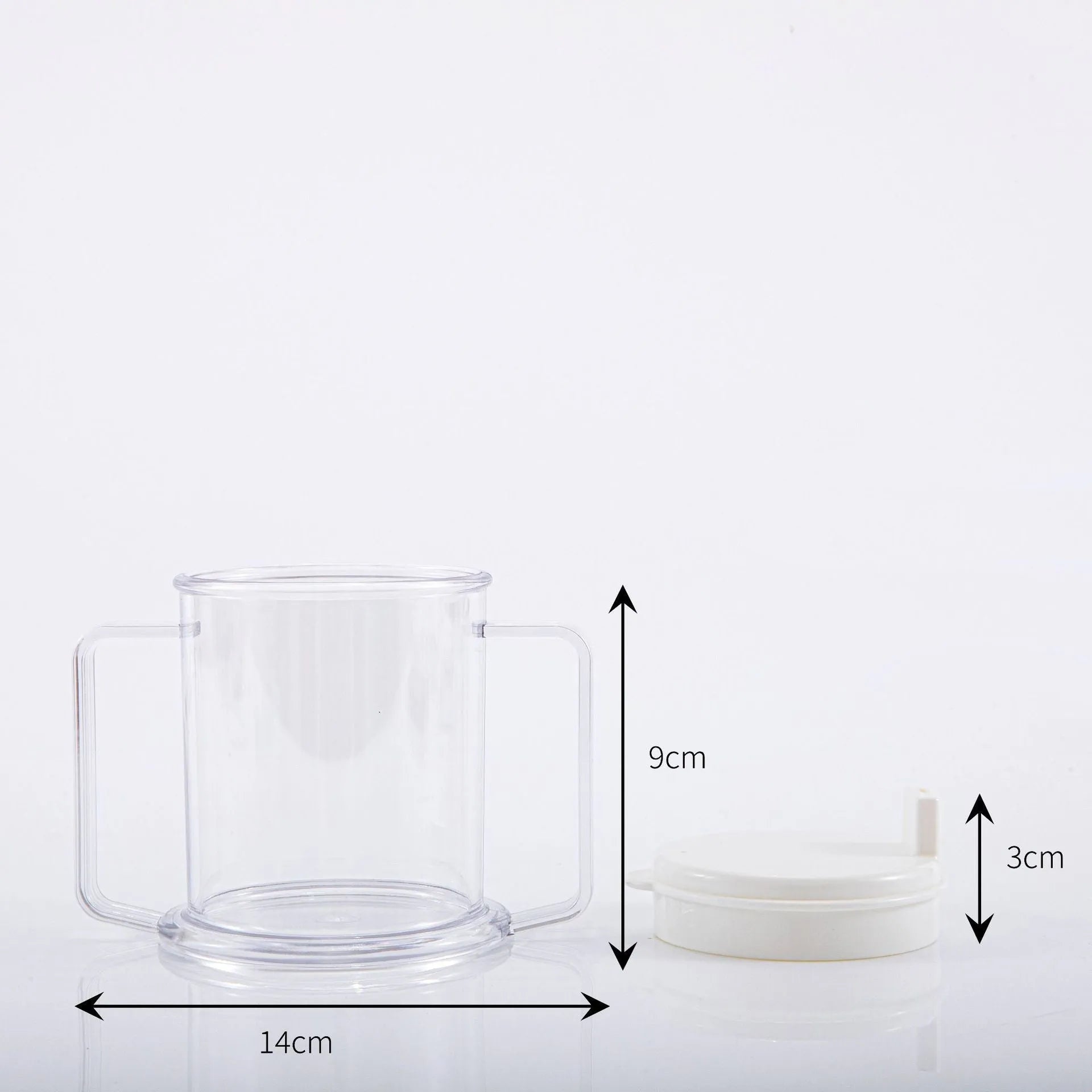 Transparent spill-proof drinking cup showing 14cm height with 301-400ml capacity
