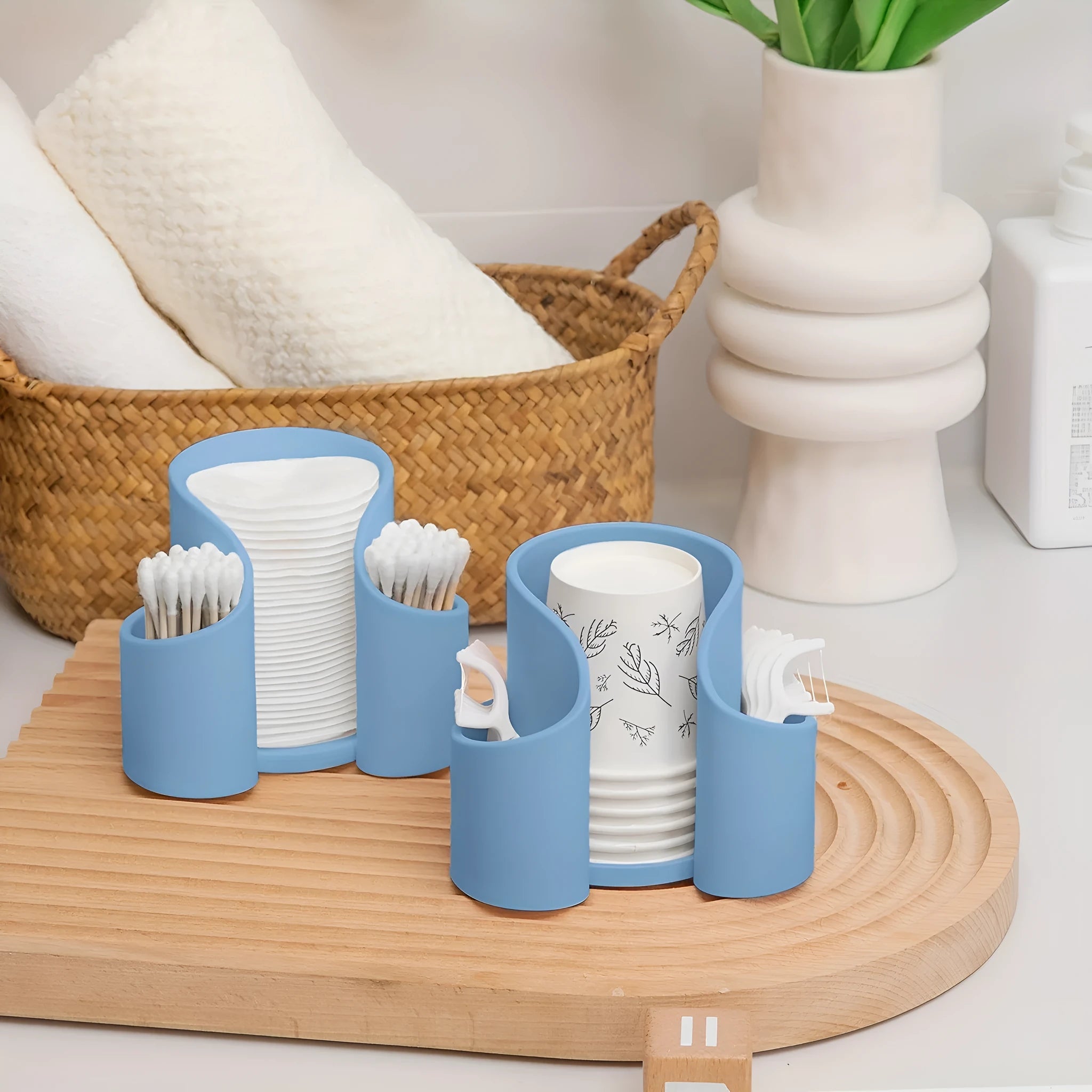 Modern minimalist plastic dental floss dispenser and cotton swab storage box in pink, white, blue, or black.